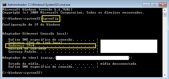 IP do servidor Abra a tela Executar, (Botão Iniciar, selecione Executar ou utilize o atalho + R) No campo Abrir, digite cmd e clique no botão OK para abrir o Prompt de comando Na tela,