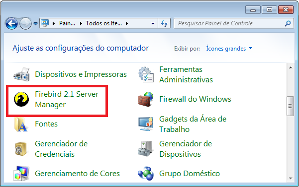 Após mudar a visualização, verfique se aparece o ícone Firebird Server Manager. O número informado no titulo é a versão do Firebird Server.