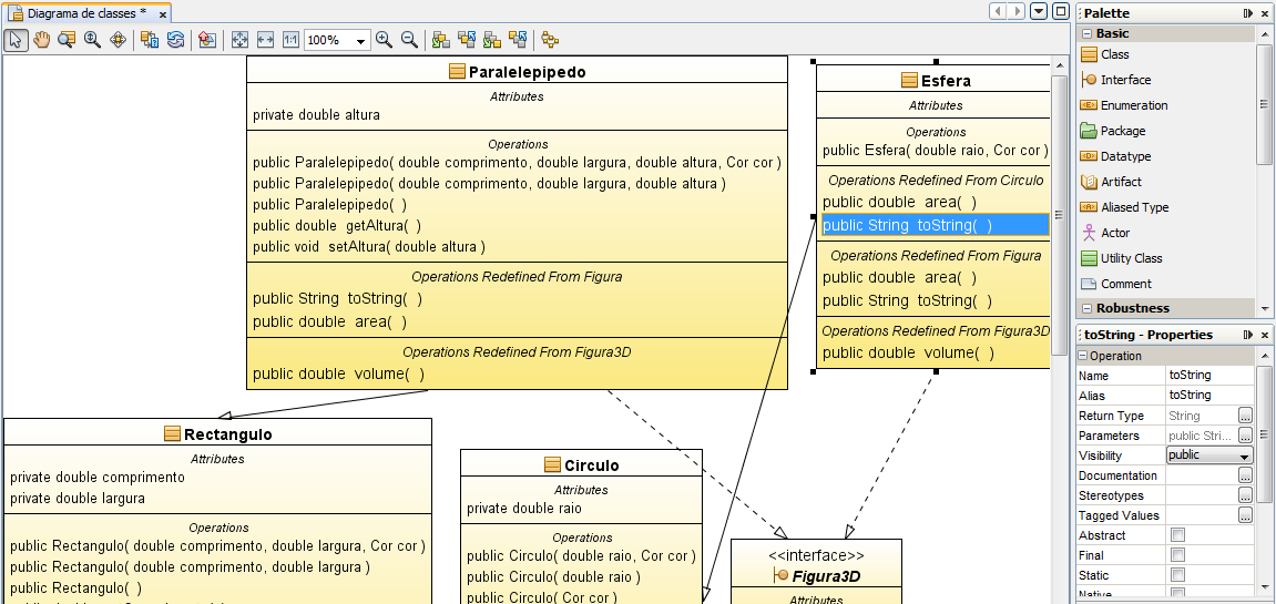 Editor Diagrama de Classes Consiste essencialmente em: Criar Elemento Arrastar ícone da janela Palette Criar atributos Criar métodos Alterar propriedades na janela Properties // clique direito