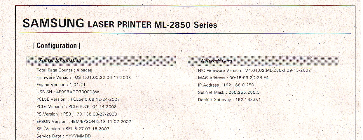 Nesta impressão, estará informado o IP em que a impressora estará configurada. Essa informação estará na coluna Network Card, no campo IP Address.