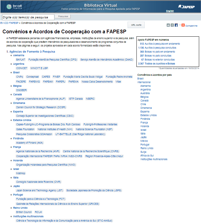 É possível obter informações sobre projetos e bolsas que fazem parte de convênios e acordos da FAPESP com outras agências de fomento à