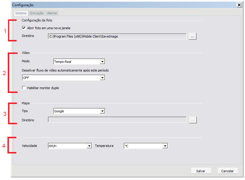 10. Configurações do Mobile Client Através da guia de configurações é possível alterar as configurações do Mobile Client. 10.1. Sistema Sistema 1.