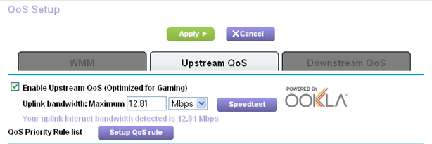 Priorizar jogos na Internet Para configurar o QoS para atribuir alta prioridade a tráfego da Internet a partir da sua consola de jogos, inicie sessão no router e ative o QoS de upstream.