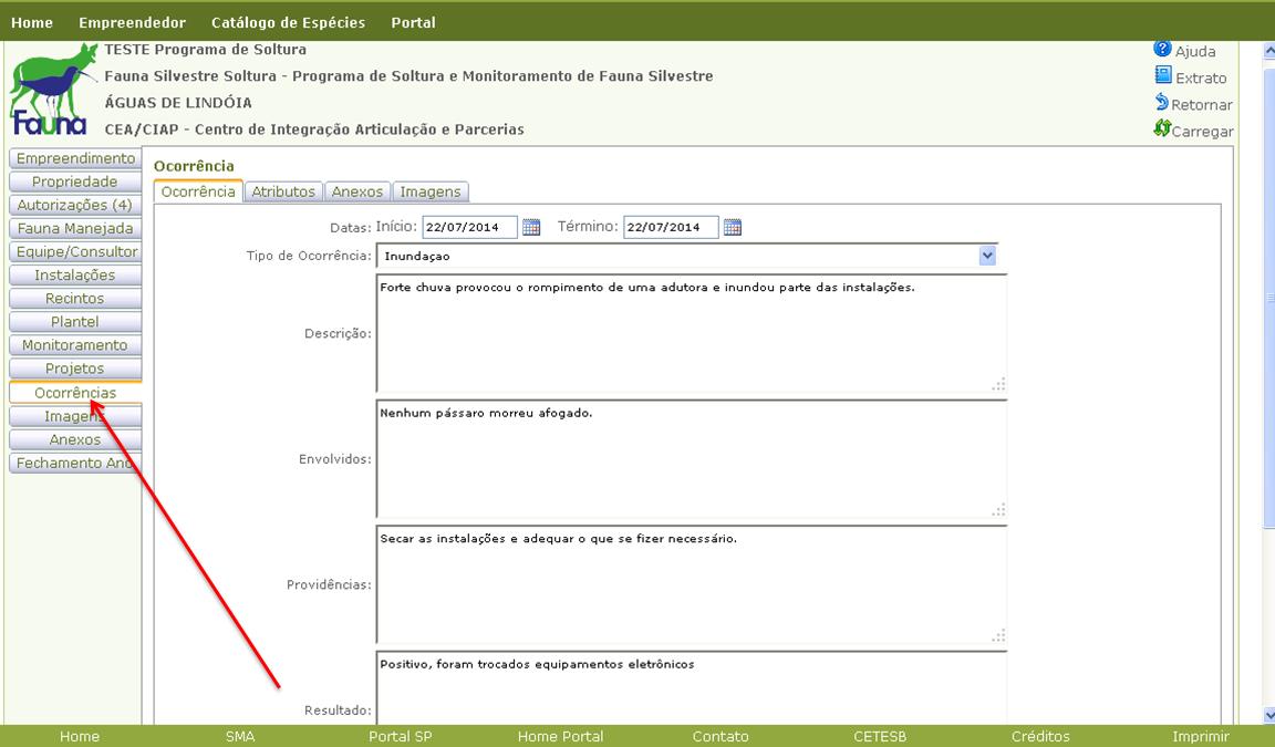 Empreendimento - Formulário para consulta de Ocorrências O formulário apresentado a seguir ilustra a edição de dados de ocorrências do empreendimento.