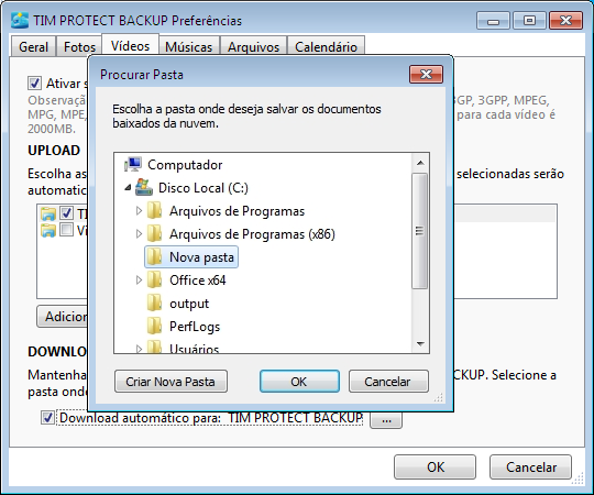 Download: Voce pode marcar a caixa de seleção Download automático para: Tim Protect Backup ou pode criar uma nova pasta para