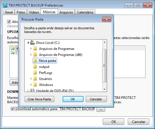 Download: Voce pode marcar a caixa de seleção Download automático para: Tim Protect Backup ou pode criar uma nova pasta para