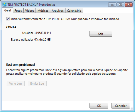 4.1 Geral Na Aba Geral temos a caixa Auto-iniciar o Tim Protect Backup quando o Windows iniciar.