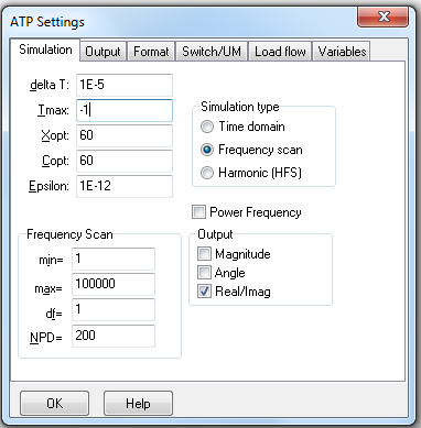 Figura 3.7: Configurações do frequency scan. 3.2 Resultados das Simulações no EMTP/ATP Draw Seguindo a metodologia apresentada no Capítulo 2, foram obtidas as respostas em frequência das admitâncias equivalentes referentes à Barras #4.