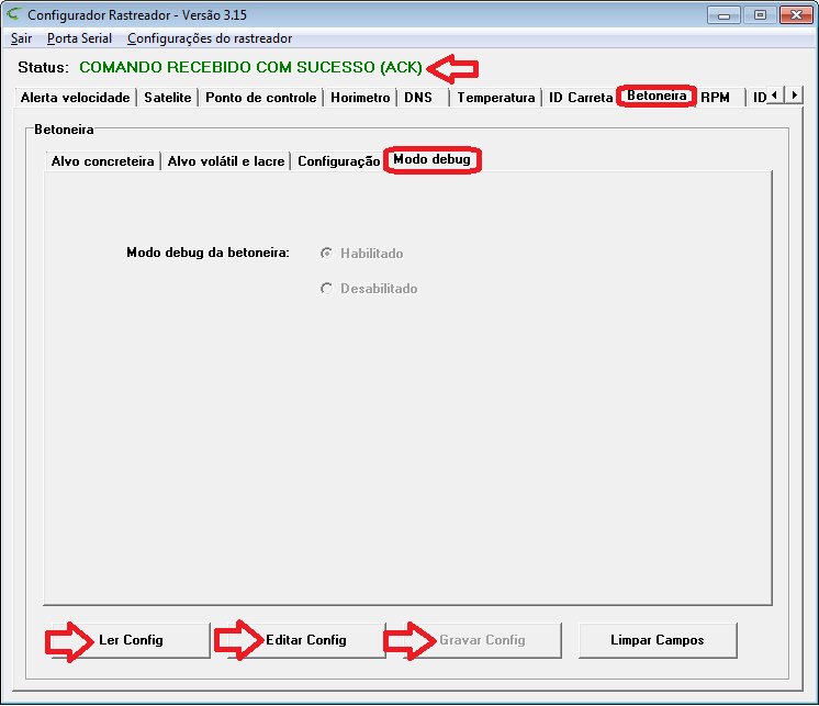 5. Selecione a aba betoneira Em betoneira selecione a aba modo debug. Clique no botão ler config. Espere até que o status mude para msg config debug betoneira em seguida clique no botão editar config.