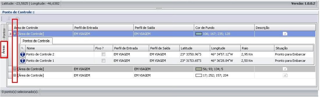 Gerenciar Inteligência Embarcada Ponto de Controle: Intersecções e Prioridades - A cada área de controle criada será possível visualizar suas informações no GRID de configuração selecionando a