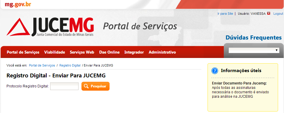 4.4. Enviar para JUCEMG Após assinar todos os documentos é necessário envia-lo para análise na JUCEMG. Para enviar clique em Enviar para JUCEMG.