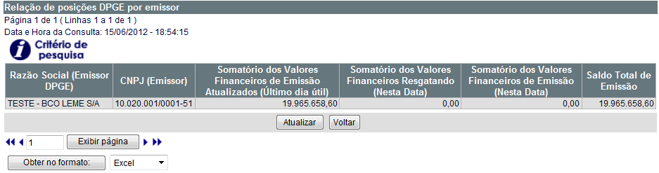 Consulta Posição de DPGE Nesta consulta o emissor pode consultar o somatório dos valores financeiros emitidos e resgatados de DPGE.