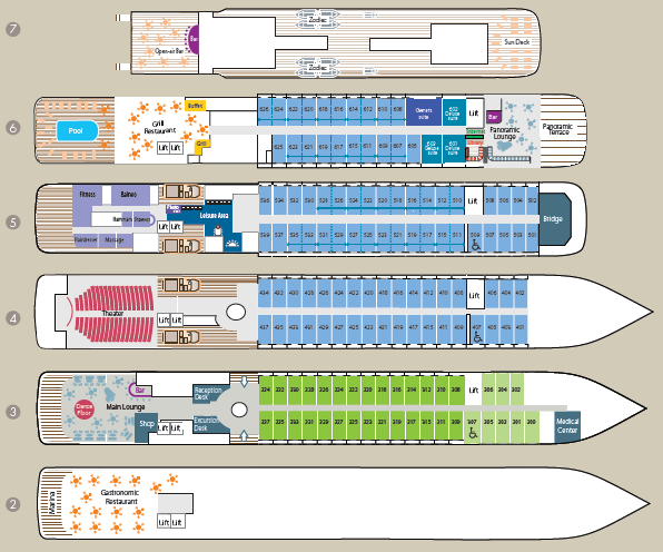 flexível do navio : De Configuração máxima : 128 Cabines e 4 Suites - 264