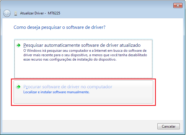 7. Clique com o botão direito do mouse sobre o dispositivo MT6225, será exibida uma lista de opções, clique sobre a opção Atualizar driver.