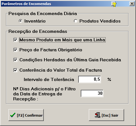 Parâmetros > Gestão do Sistema >Parâmetros de Encomendas No ecrã Parâmetros de Encomendas passamos a ter dois botões de escolha única