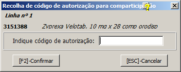 Código AIM é o código superior e o código de autorização é o código inferior. Na dispensa o Utilizador tem de seleccionar o produto, abrangido pelo programa de apoio. Indica a quantidade a dispensar.