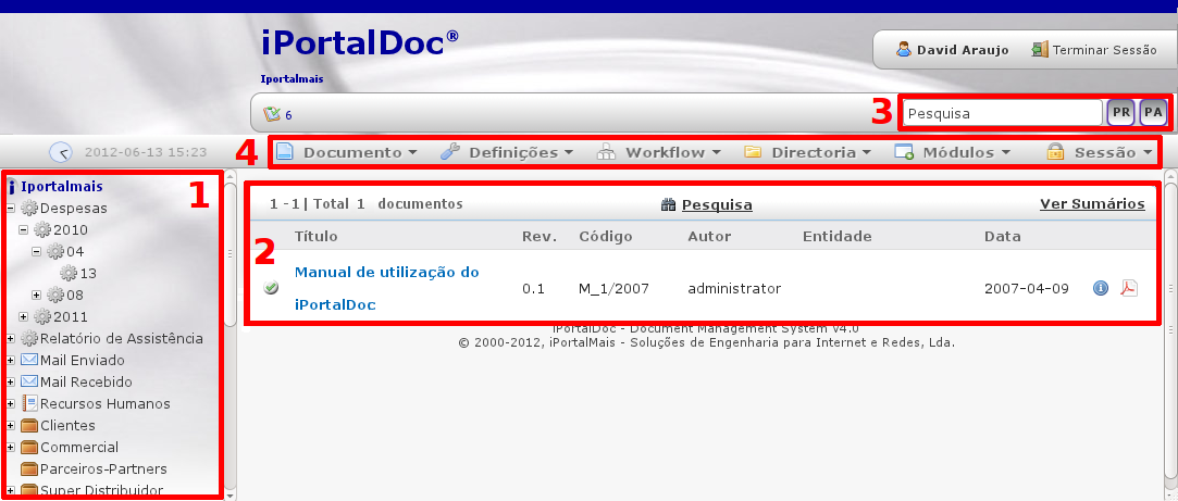 14 CAPÍTULO 1. O IPORTALDOC 1. Área de navegação na hierarquia documental (área do lado esquerdo); 2.