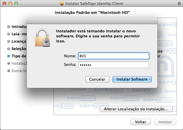 Figura 7 Digite a senha do usuário administrador do sistema e clique em Instalar Software.