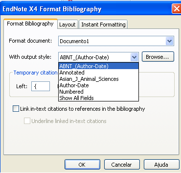 4.2. Alterando o estilo das referências - Na barra de ferramentas do EndNote no Word, clicar em Bibliography; - Abrirá uma caixa com opções de formatação do estilo; - Format Bibliography permite