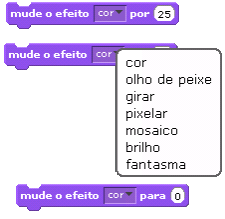 1.11.3. Mudando os efeitos Podemos ter vários tipos de efeitos para alterar o nosso sprite, como por exemplo.