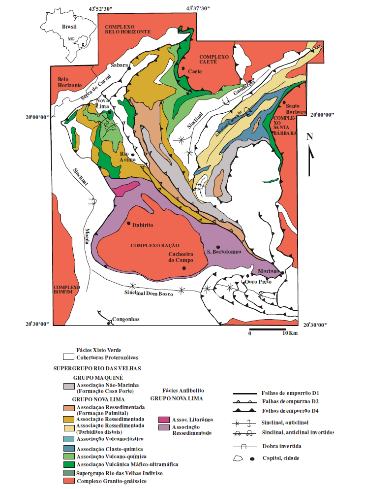 Figura 2 Mapa geológico simplificado do Quadrilátero Ferrífero com as associações de litofácies do