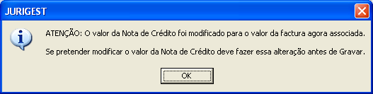 Seleccionando a factura do exemplo do ecrã anterior e premindo OK informamos o sistema da regularização que está em curso e o JuriGest irá preencher os principais campos de informação da nova Nota de