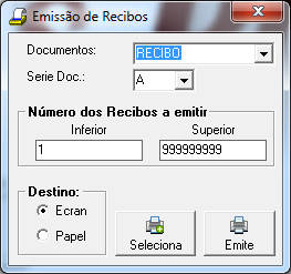 8. Prima o botão Grava 6.3 Emissão de Recibos Permite a emissão dos recibos recolhidos no ponto anterior. 6.3.1 Recibo Aspecto do recibo standard, mas pode ser elaborado um recibo conforme o gosto do cliente.