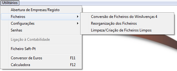 9.2 Ficheiros Operações sobre os ficheiros. 9.2.1 Conversão de Ficheiros do WinAvenças 4 Permite importar a base de dados do Winavenças 4 para a versão Pro 1.