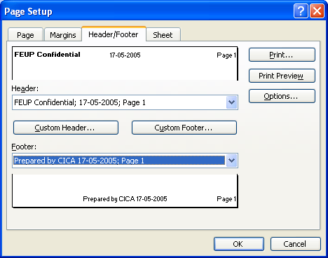 Configuração do cabeçalho alho e rodapé Cabeçalhos pre-definidos Previsão do