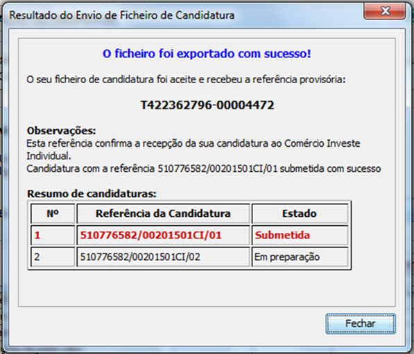 Resultado do processo de Exportação Caso tenha prosseguido com o processo de exportação, pressionando o botão Enviar Candidatura, será apresentado um ecrã com informação relativa ao resultado do