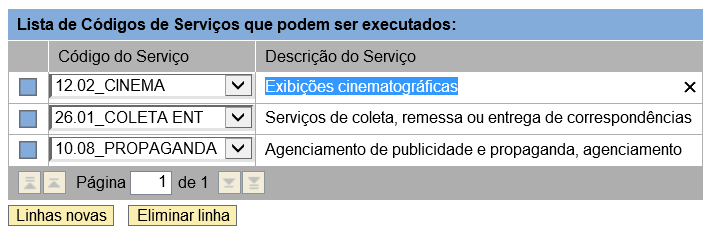 Para Inserir um novo código de serviço clique em e escolha o código desejado na lista de códigos CNAE disponíveis.