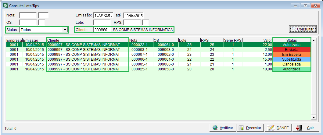 REA SSPlus 8.0 19 selecionado apresenta todos os Status na tela, criado ainda filtro por cliente e coluna para que seja apresentado o cliente das NFS-e.