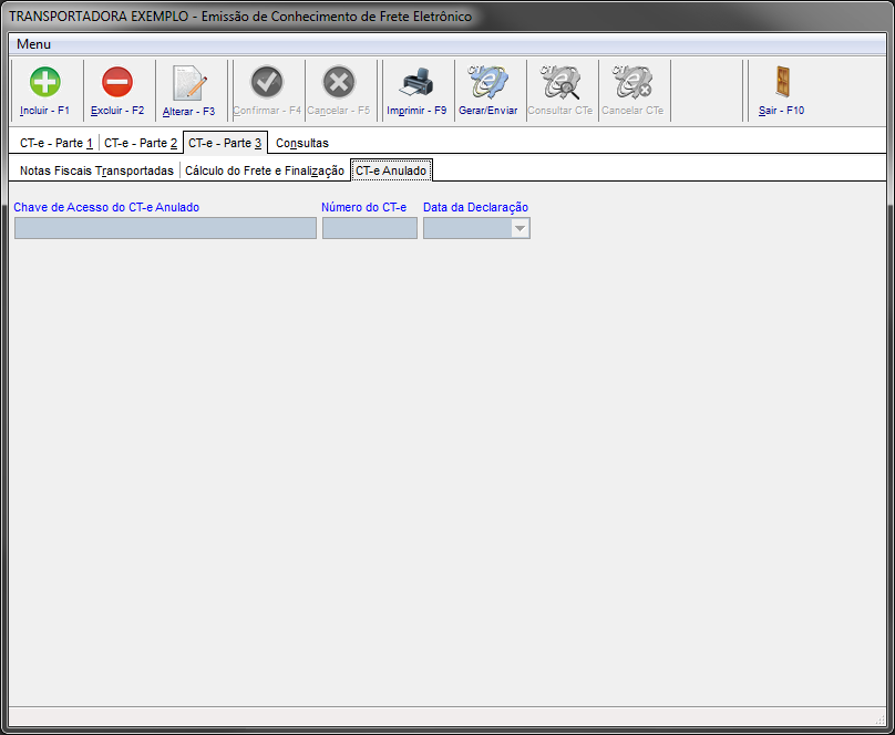 Figura 30 Emissão de CT e aba CT e Anulado Após emitir o CT e de Anulação, é necessário emitir o CT e de Substituição. Clique em Menu Incluir... CT e de Substituição. Selecione o CT e que será substituído e clique em Confirmar.