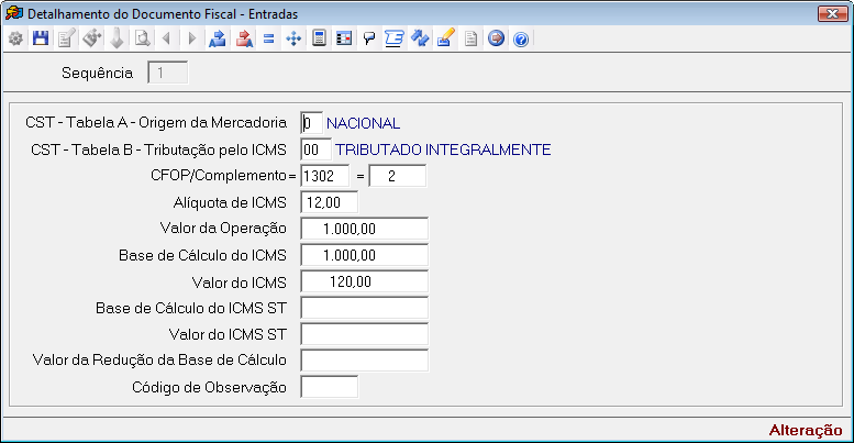 Nesta tela devem ser detalhados os documentos fiscais dos modelos especificados, totalizados pelo agrupamento das combinações dos valores de CST, CFOP e Alíquota dos itens de cada documento.