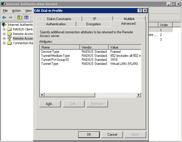 Confire os seguintes atributos para serem retornado para o ponto de acesso: Tipo do meio do túnel: 802; Identificador do grupo: 1818; Tipo do tunel: VLAN.