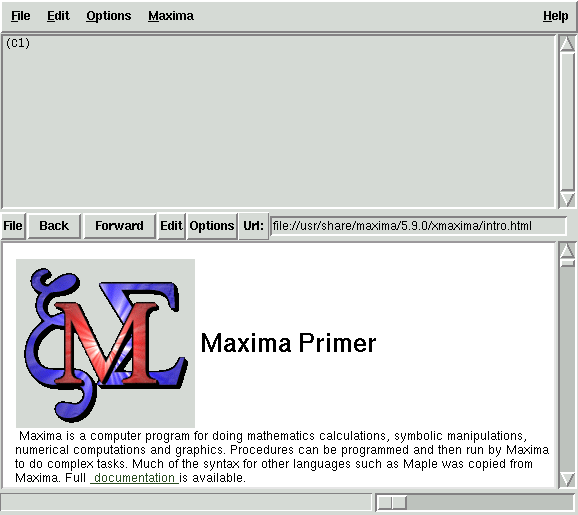 Figura 2.1: Xmaxima, versão 5.9.0. seridos pelo utilizador; e as respostas obtidas a cada comando representam-se por D1, D2, D3,.