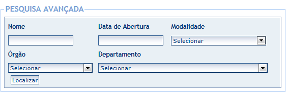 Surgirá, então, na parte inferior da tela, PESQUISA AVANÇADA. 3. No campo Nome, digite o nº da licitação e clique em Localizar.