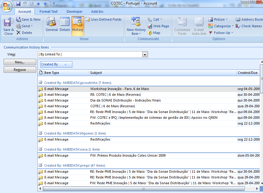 Outlook - BCM Registo das Interfaces Controlo e Gestão de