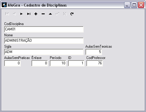 O cadastro de disciplinas práticas que está disponível na tela inicial do aplicativo na opção menu Cadastro submenu Disciplinas, Práticas, como é mostrado na Figura 33.