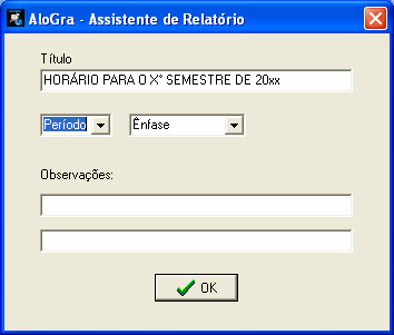 Figura. 34: Tela de configuração do Algoritmo Genético A Figura 35 mostra a tela para a geração de relatórios referentes às grades horárias por período e ênfase do curso.