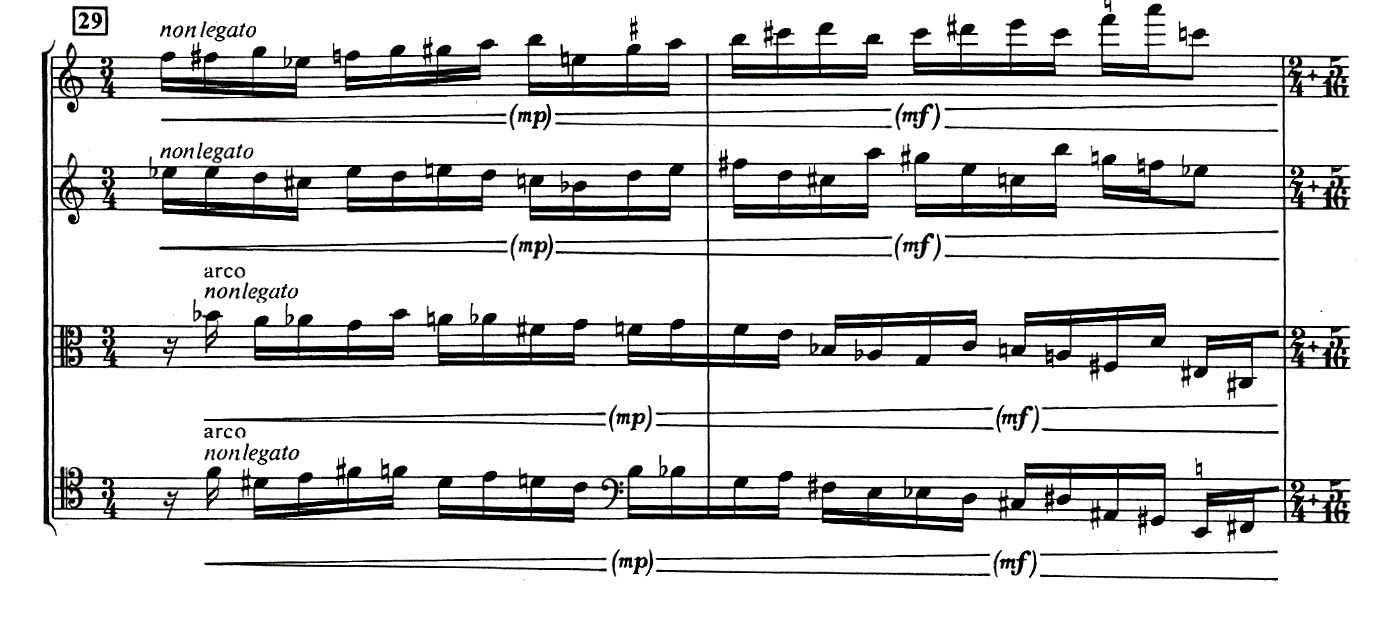 6. Elementos de Notação Musical Observe os sinais gráficos indicados pelas setas na partitura do Quarteto de Cordas n.5, de Michael Tippett.