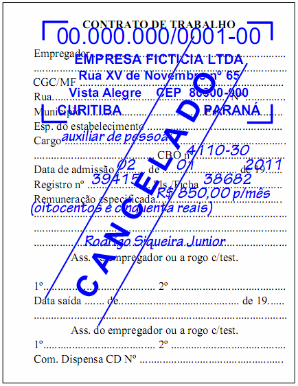 Modelo da folha de contrato de trabalho da CTPS com registro de admissão cancelado. Modelo da folha de contrato de trabalho da CTPS com registro de admissão cancelado.