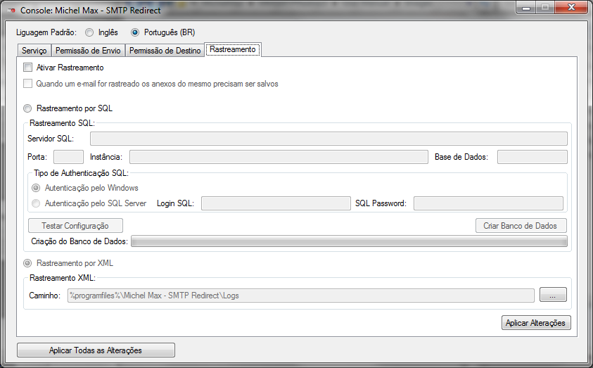 Aba Rastreamento Esta aba é utilizada para registrar as mensagens recebidas pelo serviço Windows Michel Max - SMTP Redirect, e como isso será registrado, podendo ser por Microsoft SQL Server ou