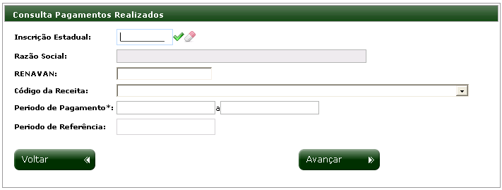 9.6.2 Funcionalidade Consultar Pagamentos Realizados Nesta tela, digita-se, obrigatoriamente, a inscrição estadual desejada e os