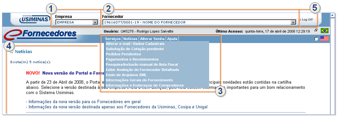 Nova Estrutura de Telas O portal e-fornecedores conta com nova interface, que facilita a forma de navegação: 1.