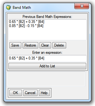 6 Clique novamente no menu Basic Tools Band Math e insira a expressão abaixo para criar uma nova banda verde: 0.65 * [B2] + 0.