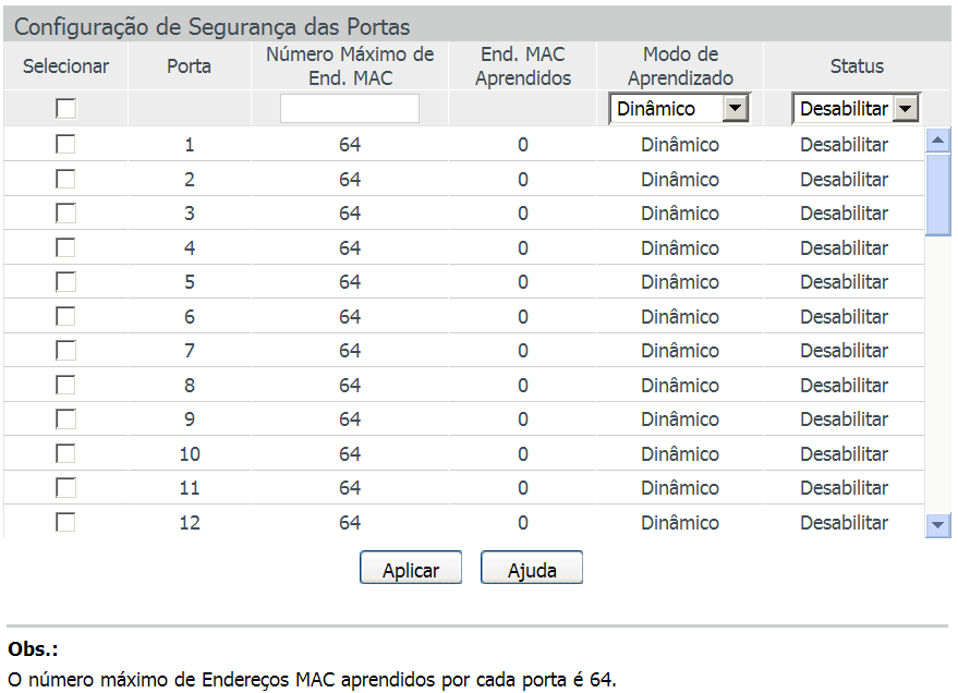 LAG: exibe o número do grupo LAG que a porta pertence. Uma porta membro de um grupo LAG não pode ser selecionada como porta espelhada ou porta espelho. Obs.