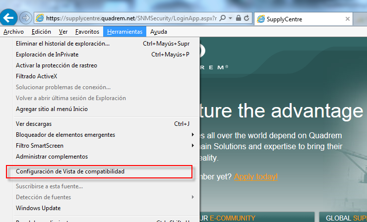1. Haga clic en el menú Herramientas de Internet Explorer y seleccione Configuración de Vista de Compatibilidad. 2. Escriba quadrem.