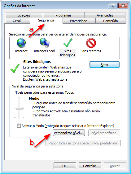 6. Na secção Controlos e extensões ActiveX, escolher a opção Pedir para os parâmetros Inicializar e efectuar o script de controlos ActiveX