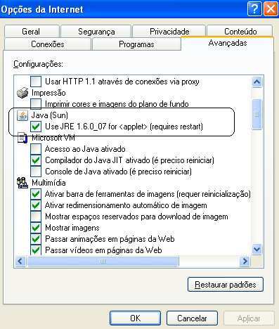 a) Habilitar o java Sun: No navegador Internet Explorer, selecione